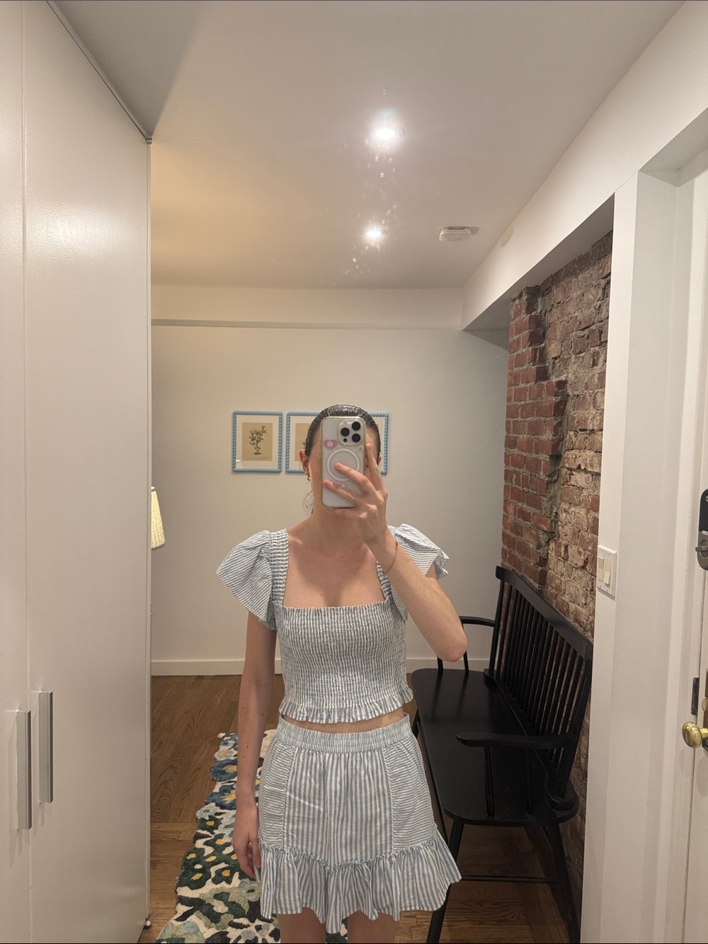 LoveShackFancy Light Blue and White Striped Smocked Skirt and Top Set